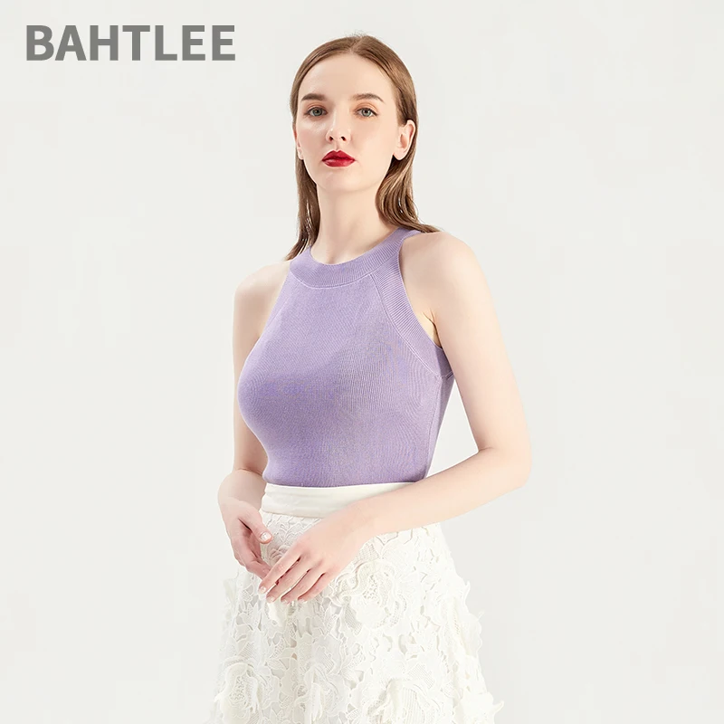 BAHTLEE-Women's Sleeveless Camis T-Shirt, O-Neck Pullovers, Spaghetti Straps, Knitted Sweaters, High Elasticity, Summer