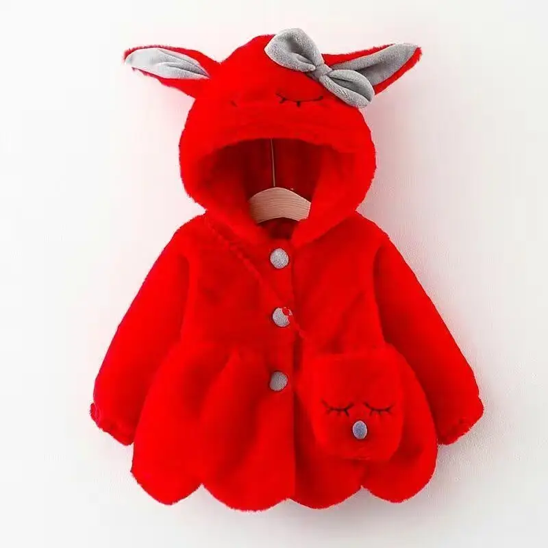 2021 Winter Plush Baby Girls Jacket Cute Rabbit Keeping Warm Hooded Outerwear For Kids 0-4 Years Christmas Present Children Coat