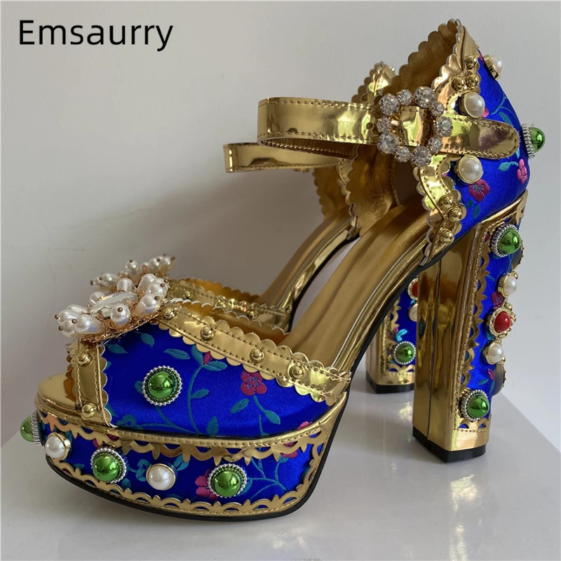 

Luxury Diamond Beaded Flower Banquet Shoes Woman Rivet Decor Platform Chunky Heel Embroidery Satin Rhinestone Sandals Women