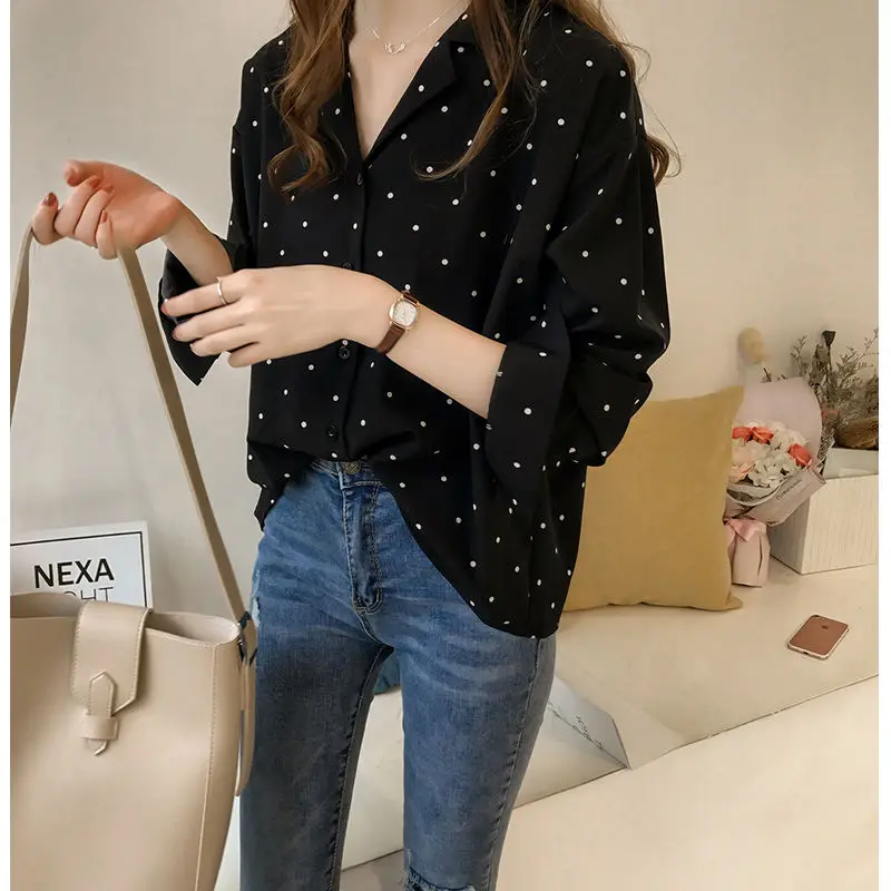 Large Size Women's Chiffon Shirts Polka Dot Printed Chiffon Female Long-sleeved Shirts Han Fan Bottoming Shirts