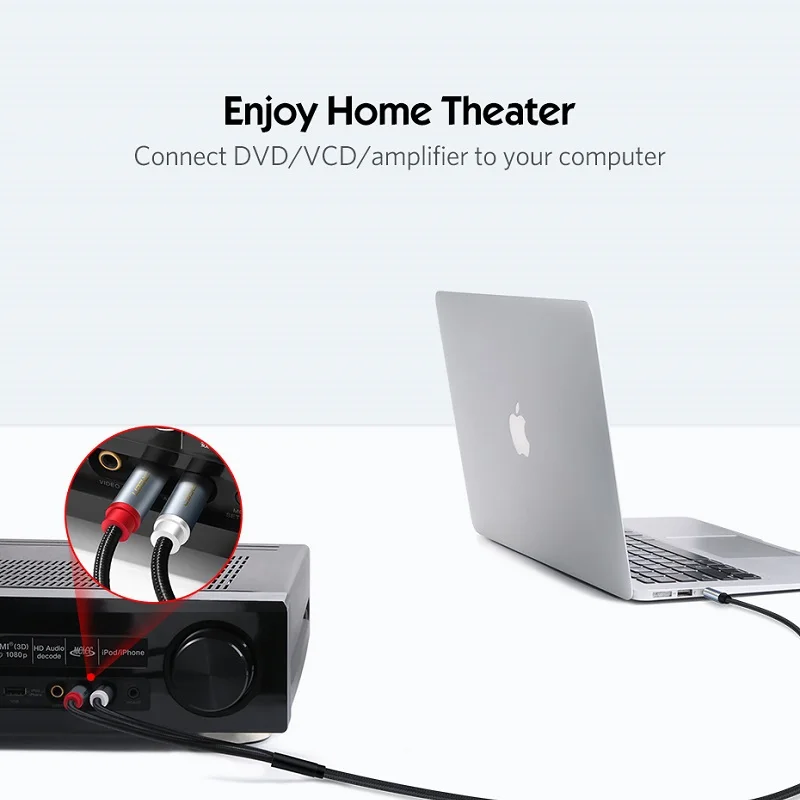 Ugreen RCA Audio Cable 2 Male 3.5MM Jack To AUX Line Braided Splitter For Home Theater