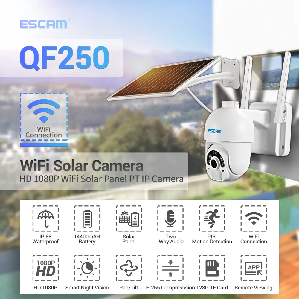 ESCAM QF250 1080P Cloud Storage WIFI Battery PIR Alarm dome IP Camera With Solar Panel Full Color Night Vision Two Way Intercom