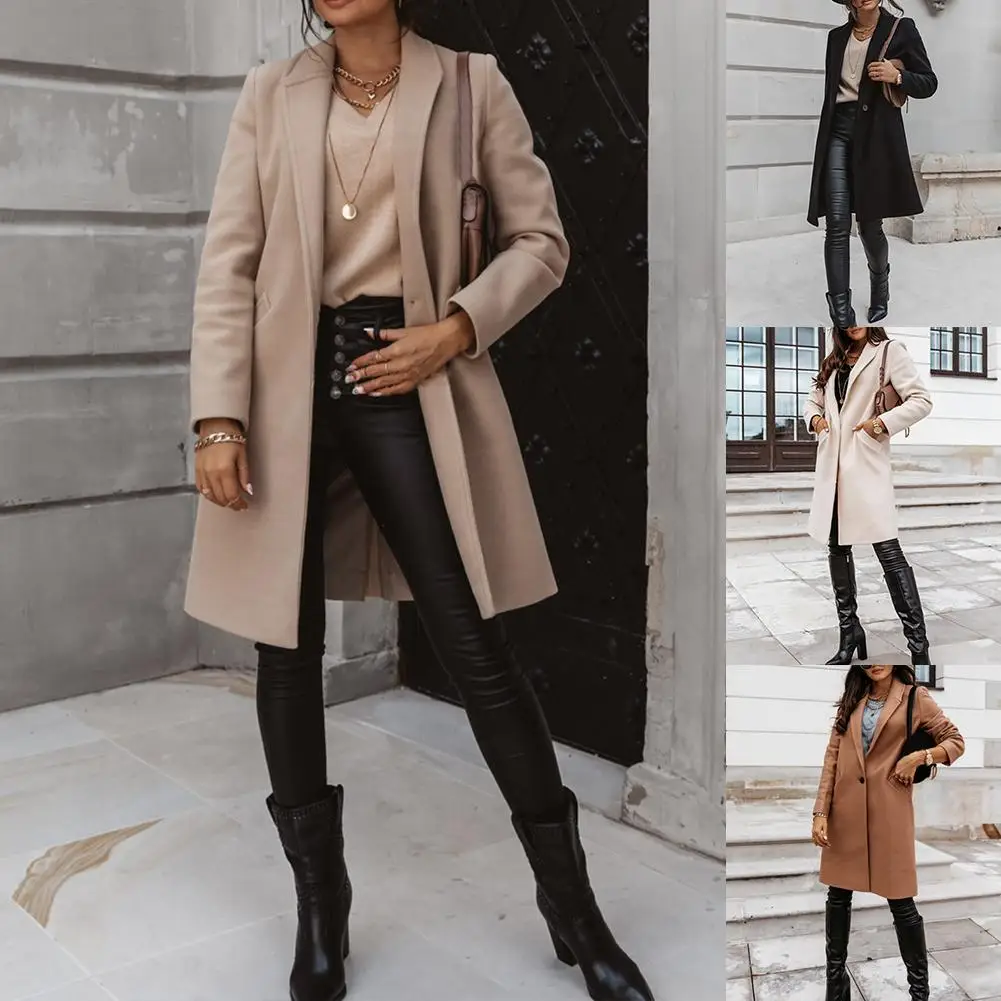 HOT SALES New Arrival Casual Women Autumn Winter Pocket Lapel Overcoat Button Warm Long Coat Jacket Khaki/Light Grey/Black/Beige