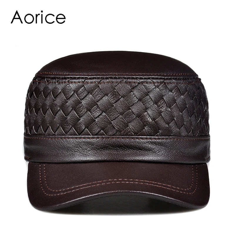 Aorice Men Genuine Leather Cap Hat 2021 New Male Knitted Real Sheep Leather Army Caps Hats HL187