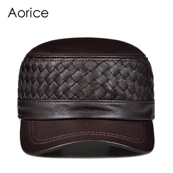 Aorice Men Genuine Leather Cap Hat 2021 New Male Knitted Real Sheep Leather Army Caps Hats HL187