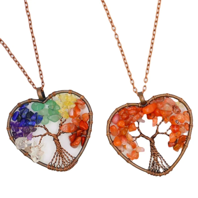 Heart 7 Chakra Reiki Healing Tree of Life Pendant Necklace Vintage Antique Copper Wire Wrap Natural Stone Chip Bead Jewelry Gift