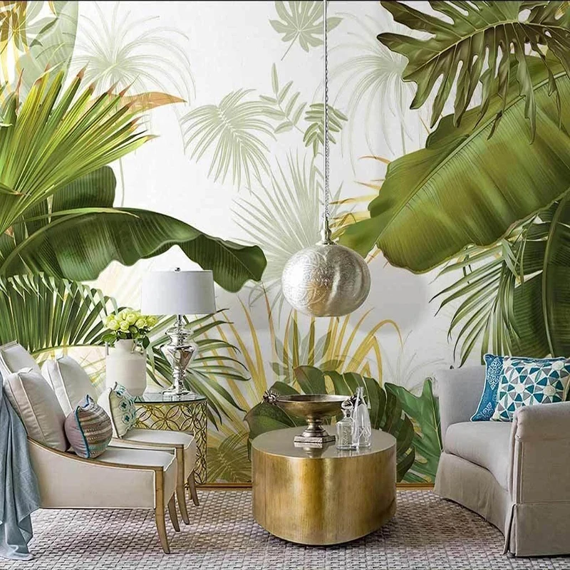 

Custom Any Size Mural Wallpaper Nordic Hand Painted Tropical Leaves Plants Indoor Luxury Backdrop Wall Painting Papel De Parede