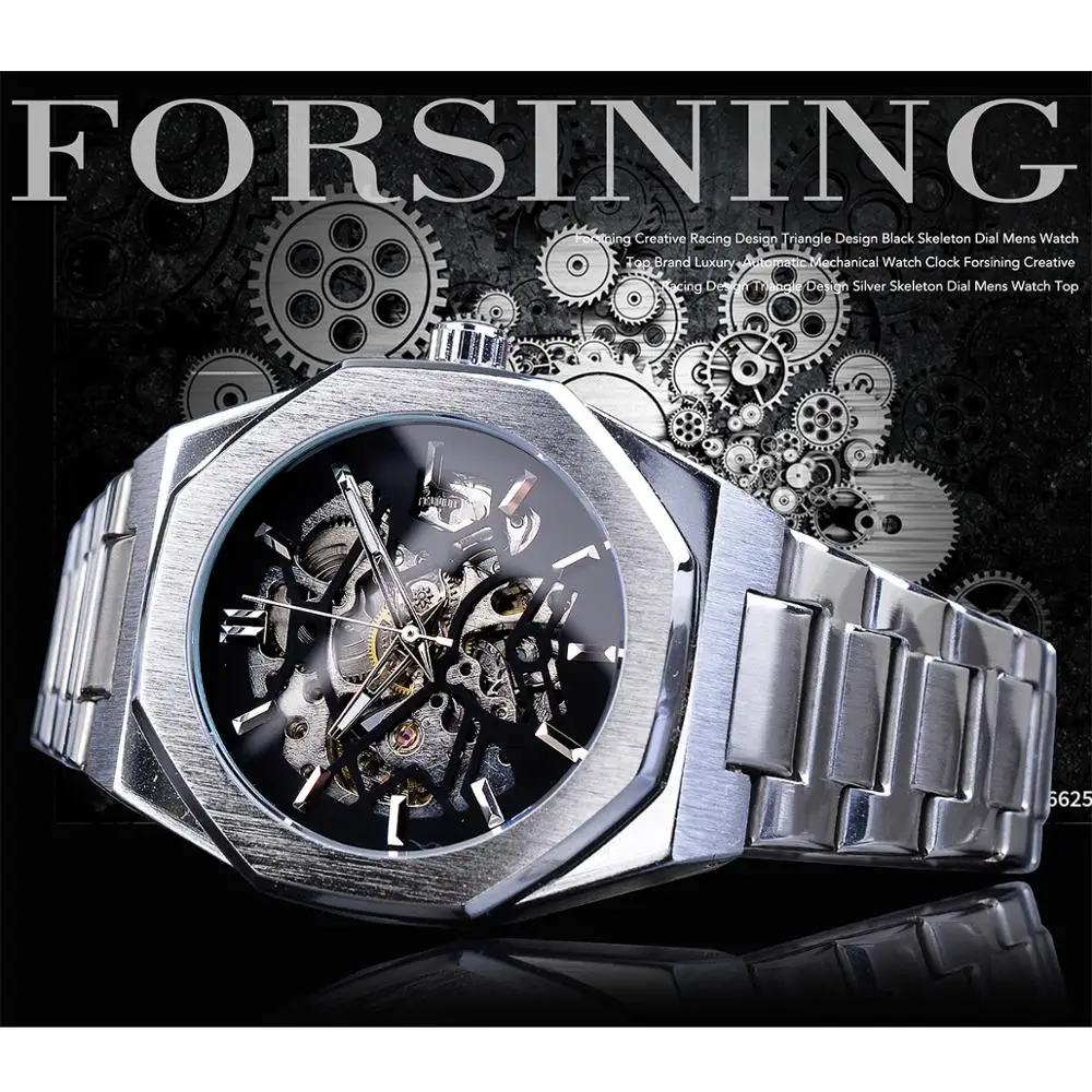 Forsining Steampunk Luxury Black Dial Mens Automatic Mechanical Wrist Watch Top Brand Luxury Male Clock Relogio Transparent Case