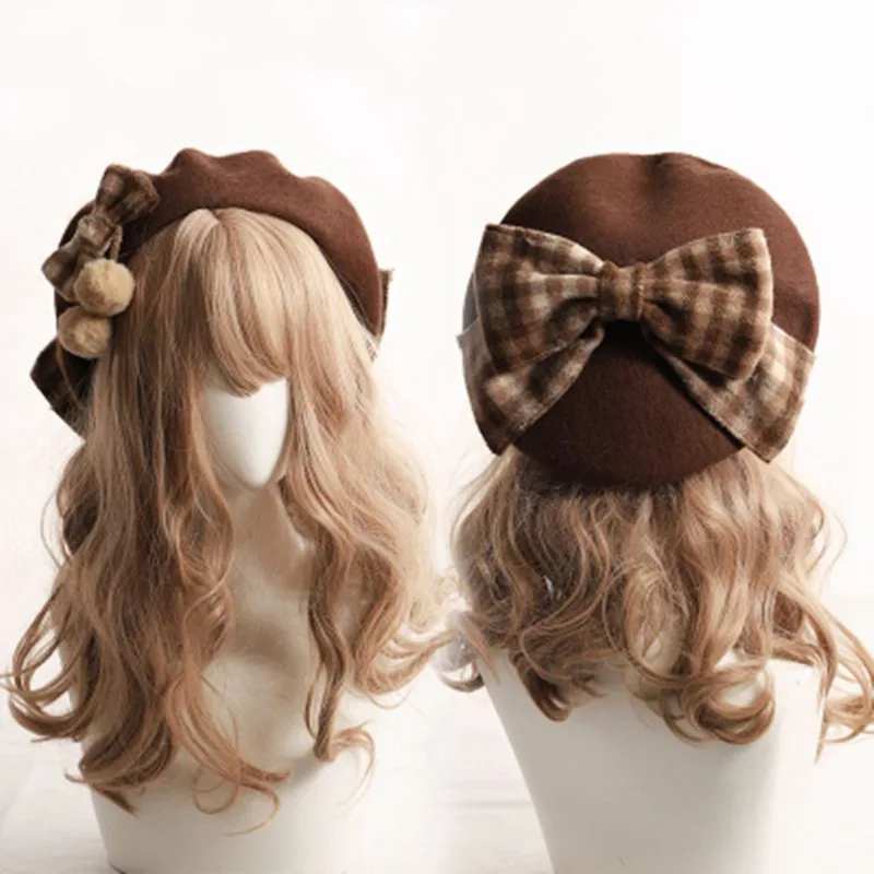 Kawaii Beret Hat Lolita Teenage heart Sweet Woolen Handmade Cute Plaid Bowknot Warm Autumn Winter Painter Hat Headdress