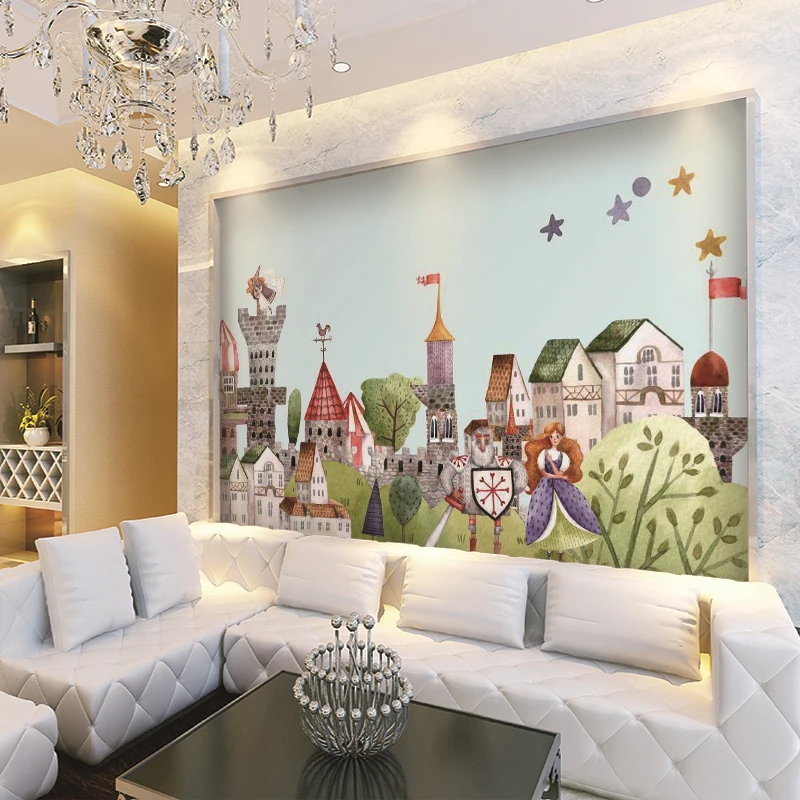 Custom Mural Wallpaper Hand Drawn Illustration Fairy Tale Castle Town Background Wall Painting