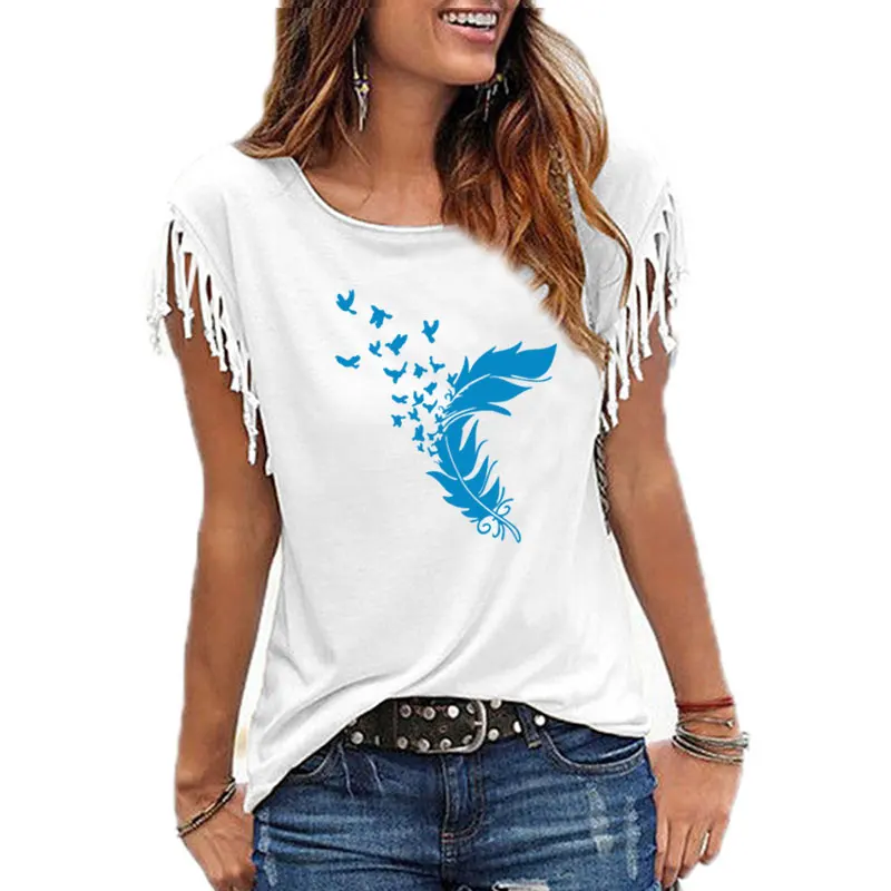 2022 Summer Clothing Women Fashion Feather Printed TShirt Women O Neck Short Sleeve Tees Cotton Woman Tshirts