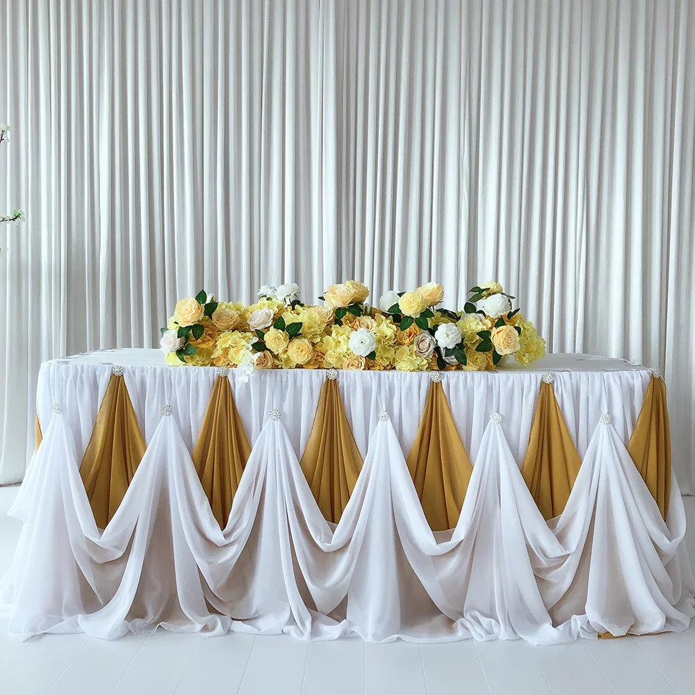 Gold White Chiffon Table Skirt with Diamond Brooch, Wedding Party Decor, New Design , 10 ftx30 inch, 1 Pc