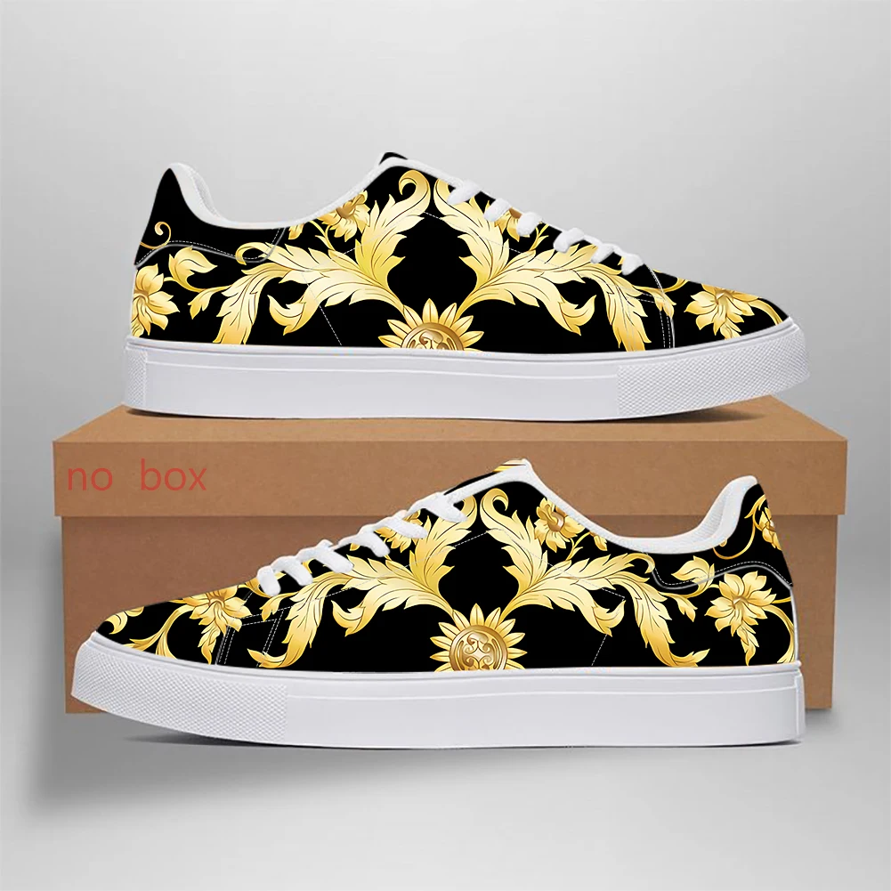 Noisydesigns New Unisex Black White Low Top Leather Sneakers Leisure Shoes Light Luxury Golden Pattern Flat Couple Sport Casual