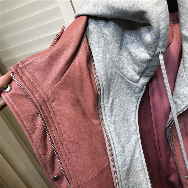 2020 Spring autumn Fashion women\'s hooded Pink color genuine leather jackets brand new high quality loose leather coat B637A