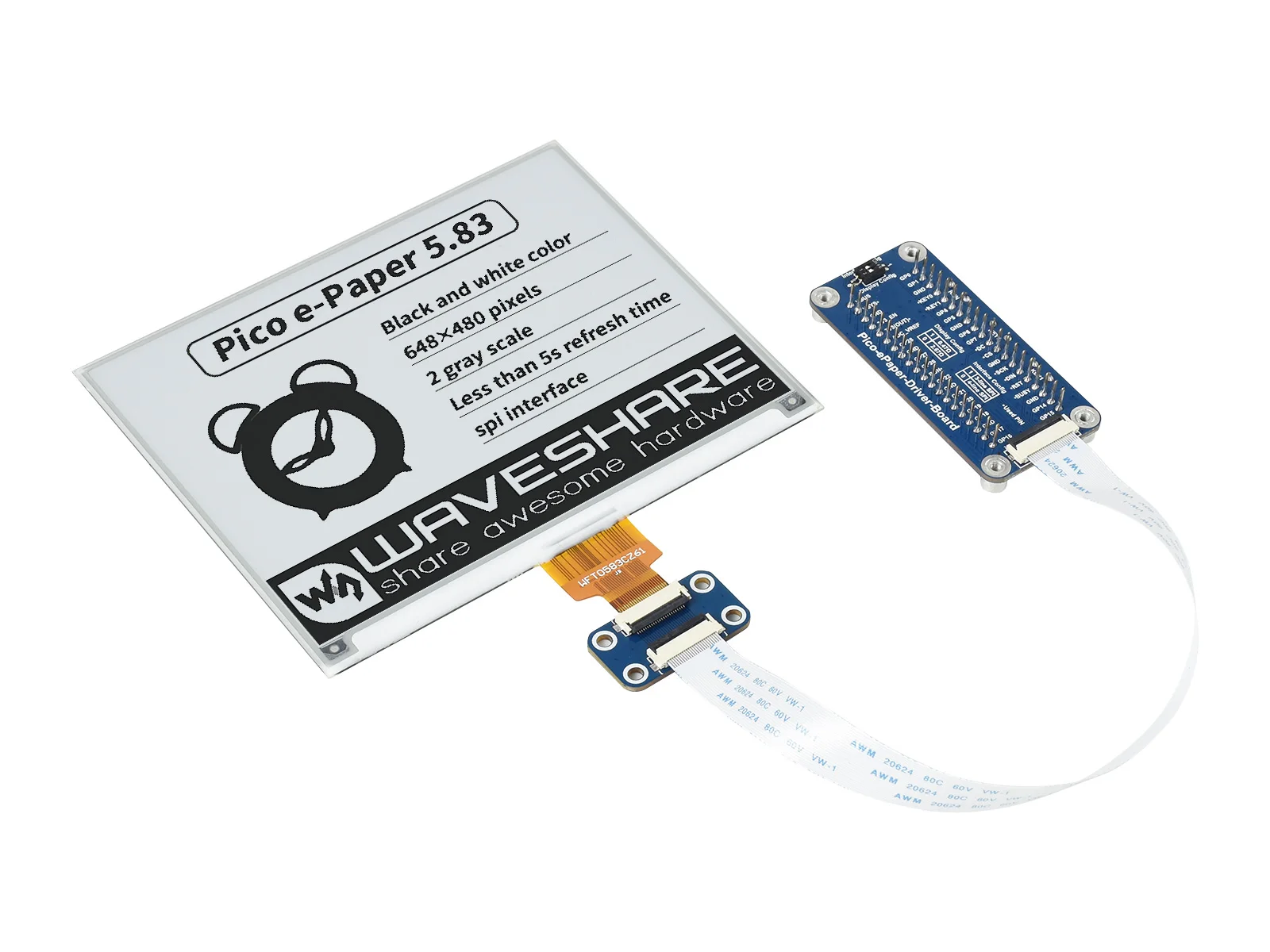 Pico-ePaper-5.83,5.83 polegadas e-paper e-ink display módulo para raspberry pi pico, 648 × 480 pixels, preto/branco, interface spi