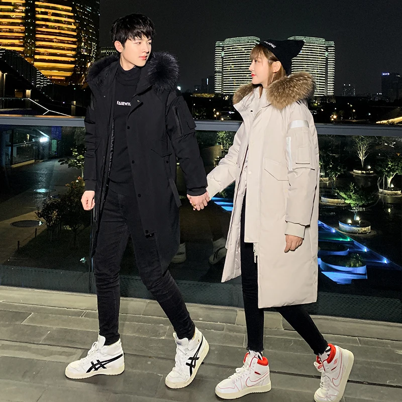 Down jacket men's mid long winter trend Hooded coat couple's winter new thickened warm men's and women's camo graffiti brand fur