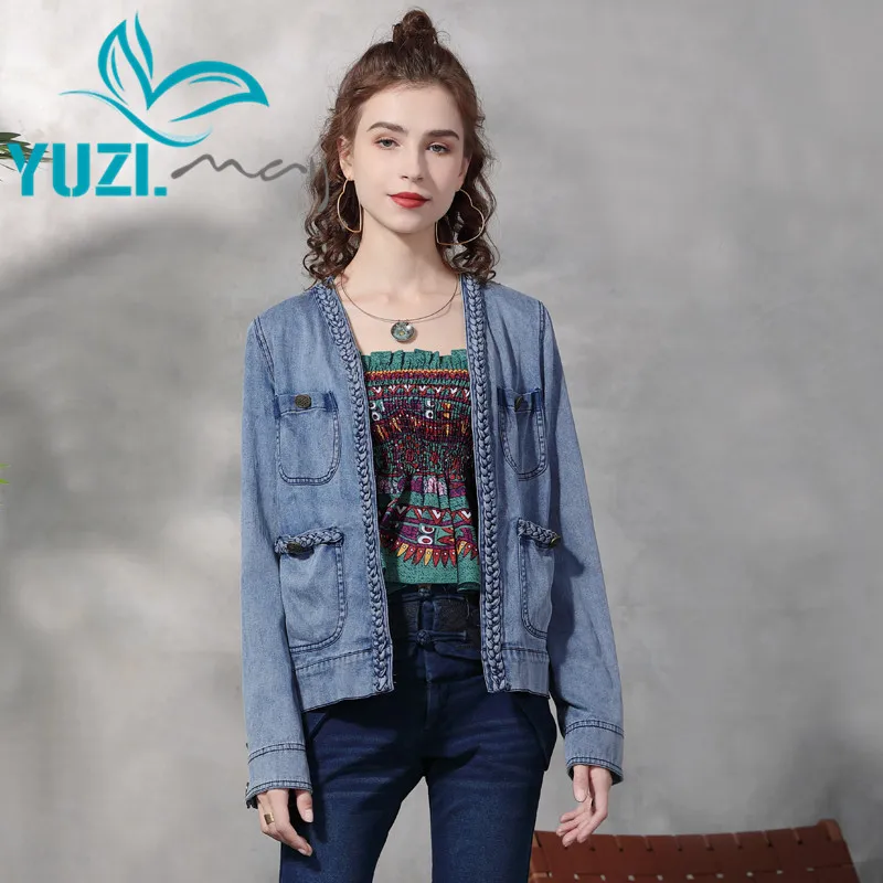 Jackets For Women 2021 Yuzi.may Boho New Denim Coats V-Neck Knitting Custom Made Button Pockets Loose Jacket B9323