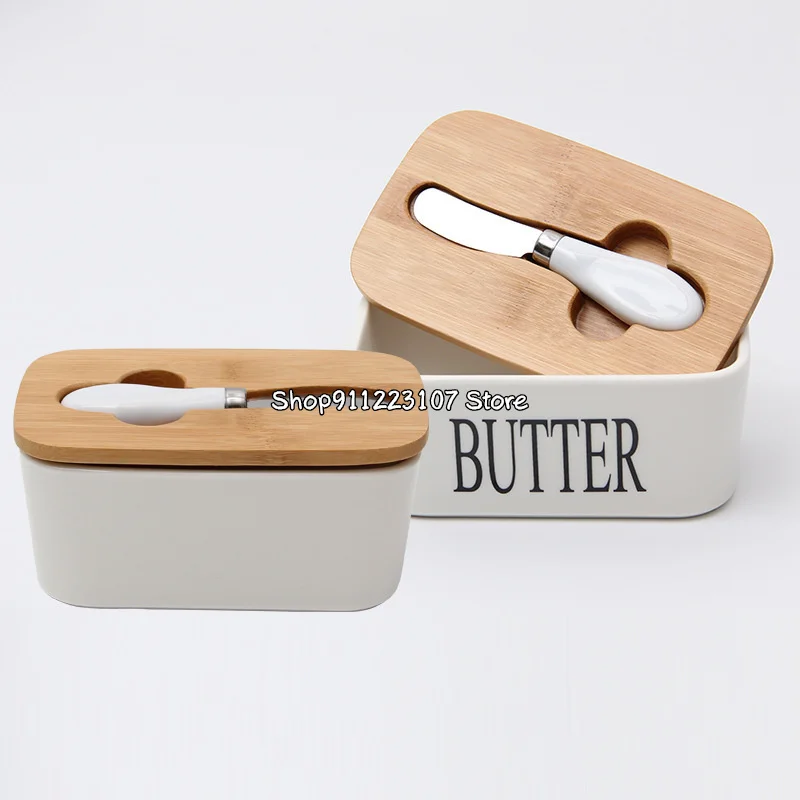 Nordic Ceramic Butter Box Wood Cover with Knife Butter Sealing Plate Storage Tray Dish Cheese Kitchen Food Container Butter Dish