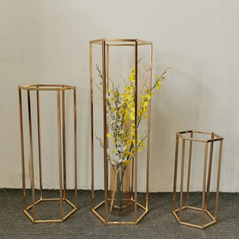 10PCS New Hexagon Wedding Column Gold Floor Vases Table Centerpiece Flower Vase Floral Arrangement Pillar Gold Props Decoration