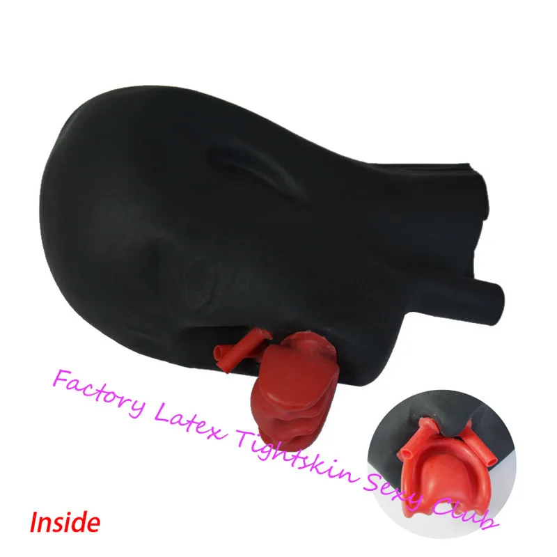 0.6mm Mould Full Head Latex Mask Fetish Open Closed Eye Rubber Hood with Red Mouth Teeth Lip Sheath Tongue Nose Tube 54-57cm