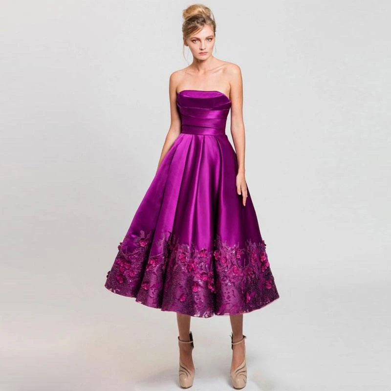 Purple Appliques Homecoming Dresses Strapless Neck Sequins Prom Gowns Tea Length Satin Formal Cocktail Dress vestidos de fiesta2