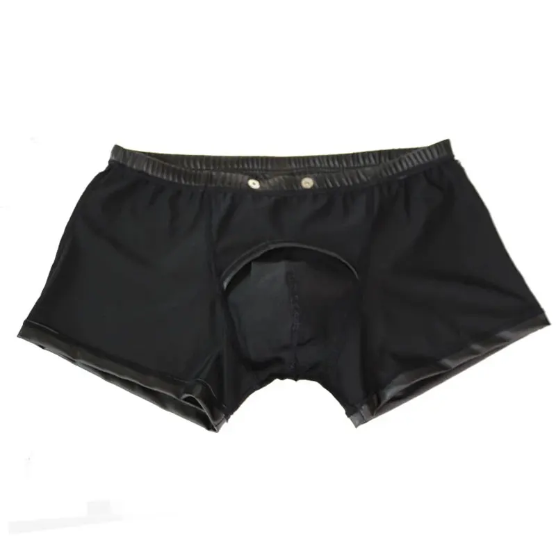 Sexy Men Faux Leather Cock Ring Boxer U Convex Pouch Shiny Boxers Underwear Sheathy Cool Male Gay Wear Penis Pouch Plus Size F10