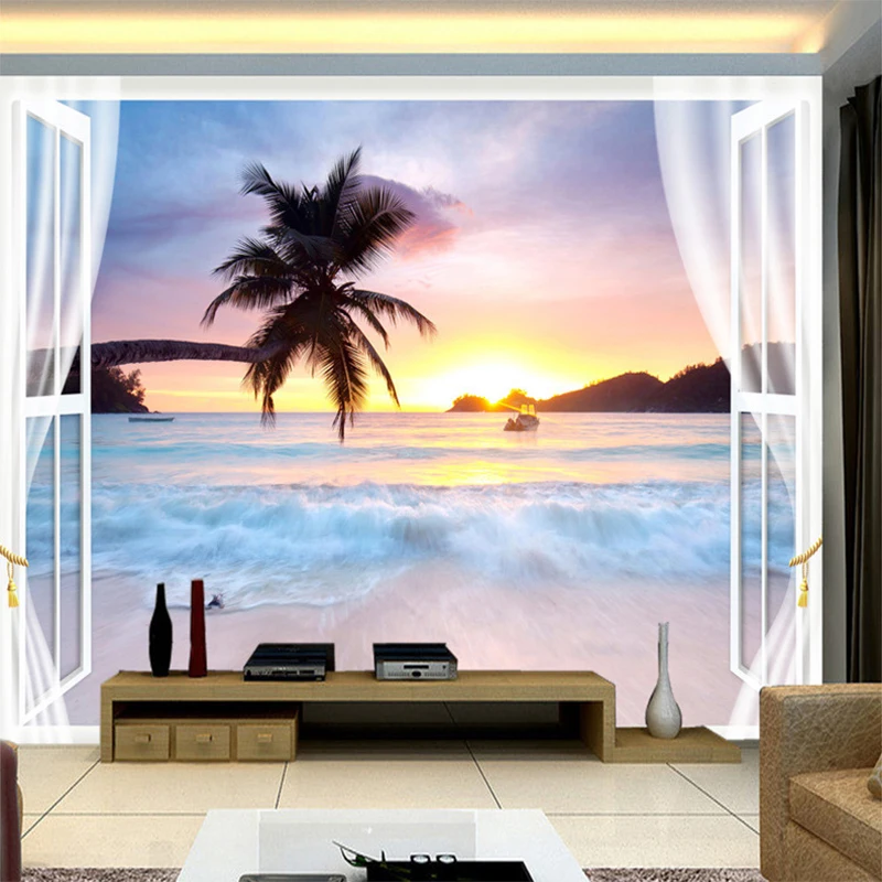 

Custom Any Size Mural Wallpaper 3D Seaside Landscape Coconut Tree Window Wall Painting Living Room TV Sofa Waterproof Wall Decor
