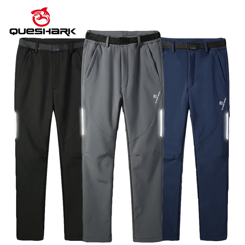 QUESHARK Men Softshell Fleece Cycling Pants Windproof Waterproof MTB Road Bike Bicycle Hiking Camping Trekking Trousers