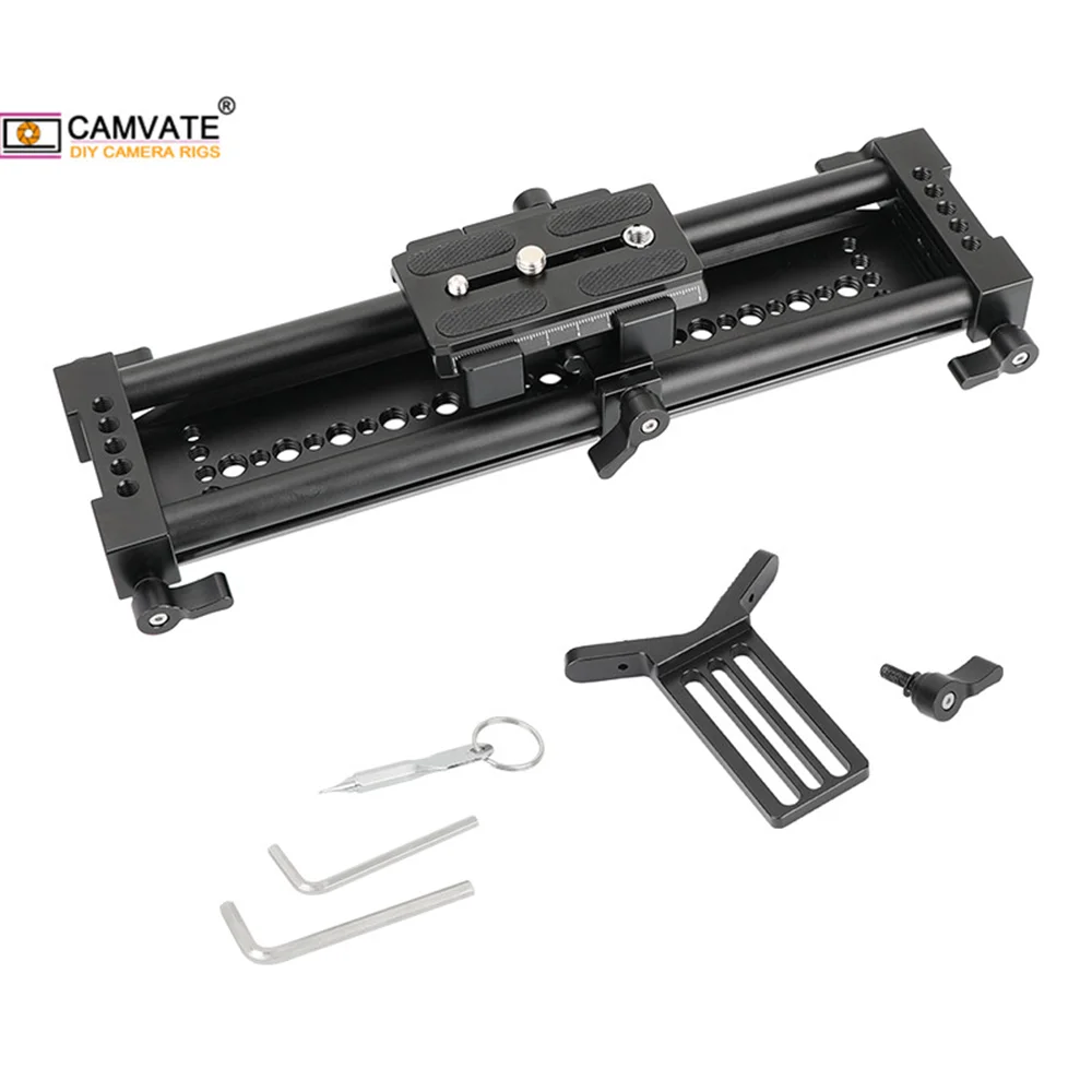 Piastra QR CAMVATE Manfrotto con piastra ponte inferiore e guida scorrevole a doppia asta da 15mm e supporto obiettivo progettato per riprese a fuoco lungo