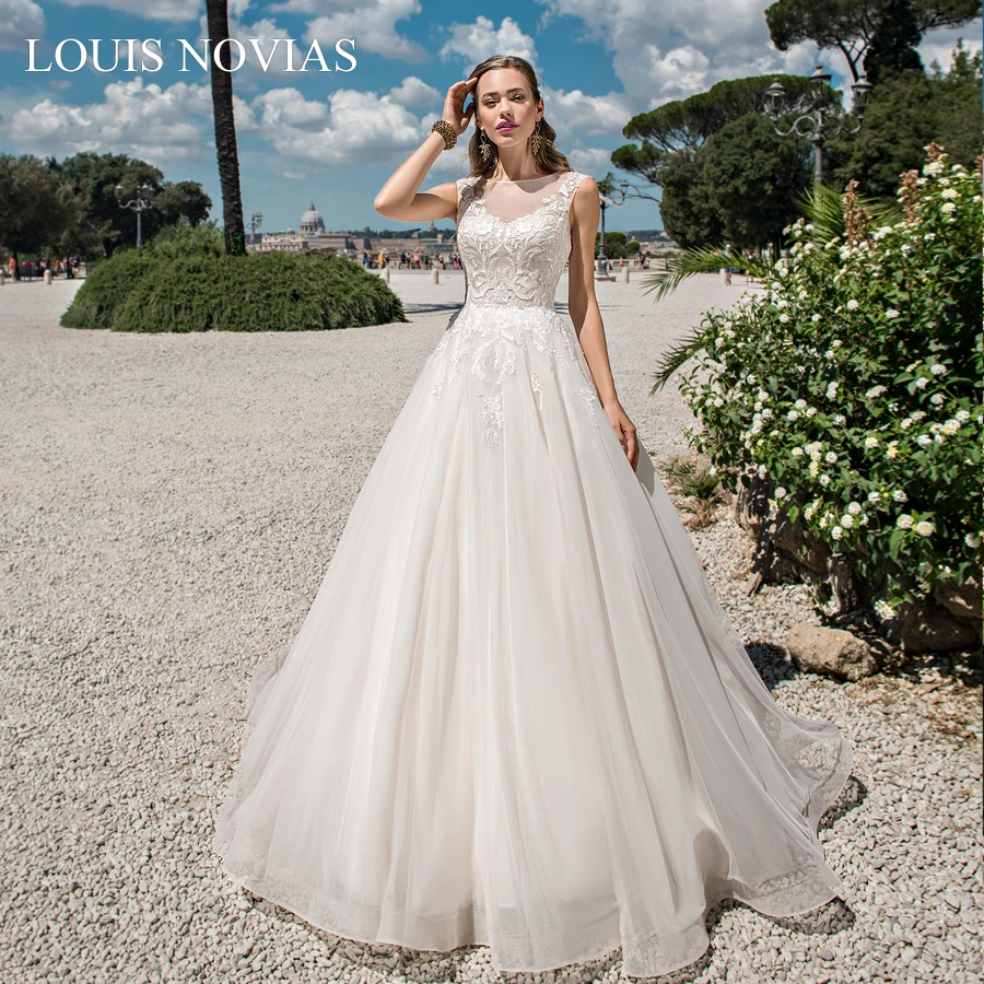 

Louis Novias Beach Wedding Dress Invisible Neckline Chiffon with Embroidery Lace on Net Sleeveless Romantic Vintage Wedding Dres