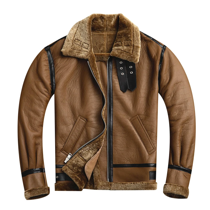 2020 Military Style Brown Men B3 Bomber Shearling Plus Size 3XL Genuine Sheepskin Russian Winter Warm Aviator Leather Coat