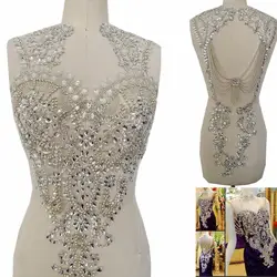 Handmade silver rhinestones applique on mesh sew on crystal beads full bodice patches for dress