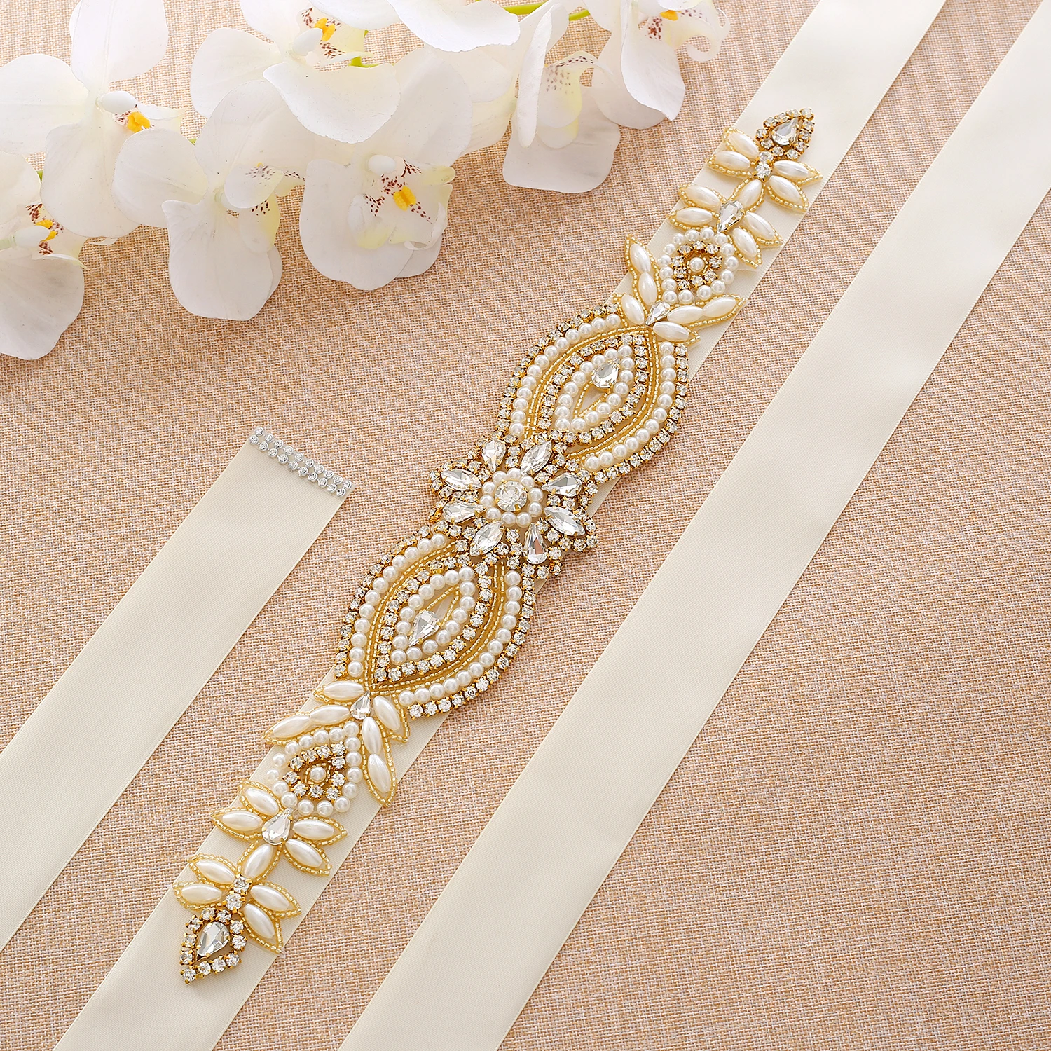 SESTHFAR Gold Crystal Wedding Sash Rhinestones Wedding Belt Handmade Pearls Bridal Belt For Bridal Bridesmaid Dresses