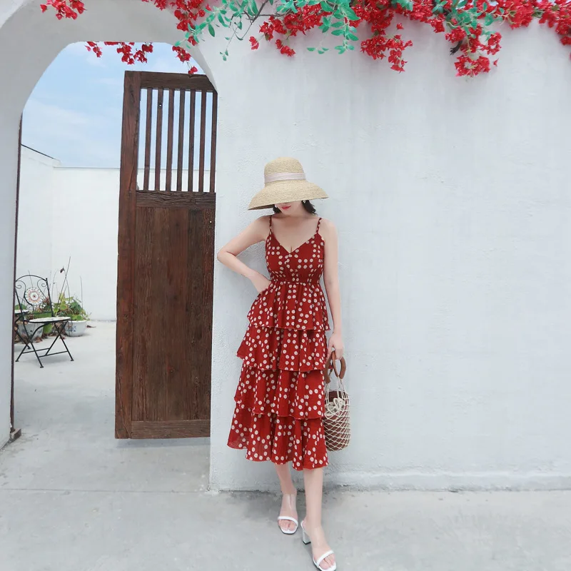 Summer Beach Dress Women Long Spaghetti Strap Dress Chiffon Vintage Polka Dot Dresses Elegant Vestidos Verano LWL1752