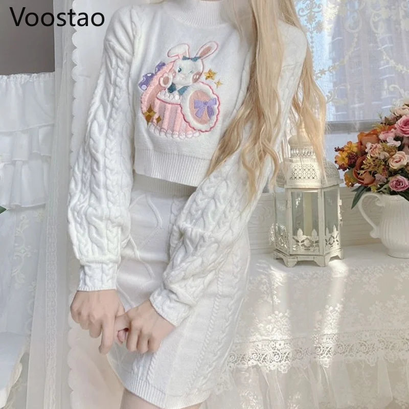 Women Knitted Lolita Sets O-Neck Long Sleeve Casual Crop Tops Kawaii Bunny Embroidery Sweaters Mini Knitted Twist Skirts Suits