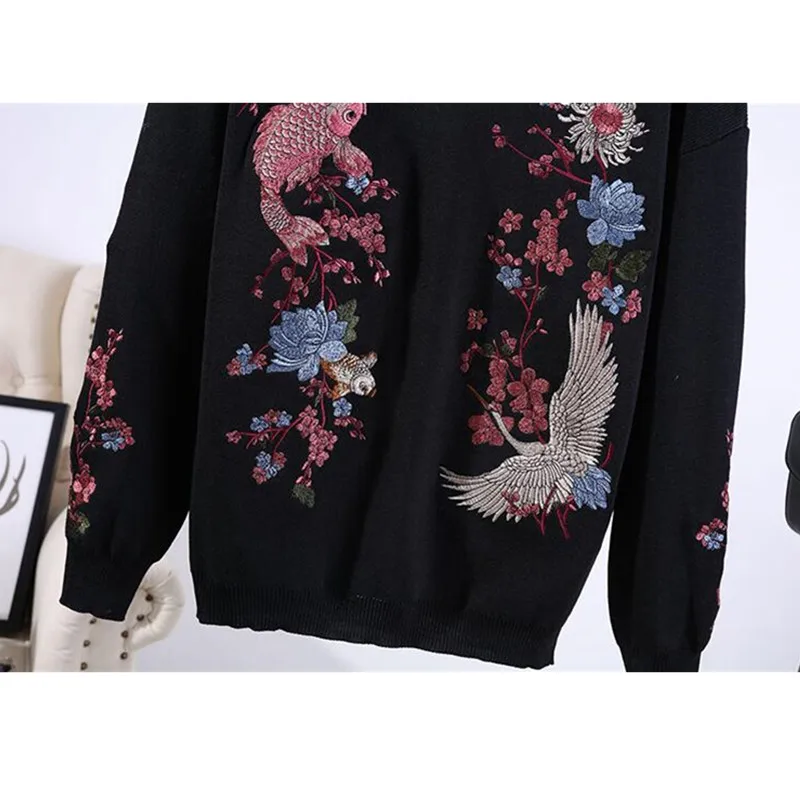 Black Gray White Knitted Tracksuit Women Outfits Fashion Crane Embroidery Flowers Sweater Long Pants Set Loose Knit Suit Female