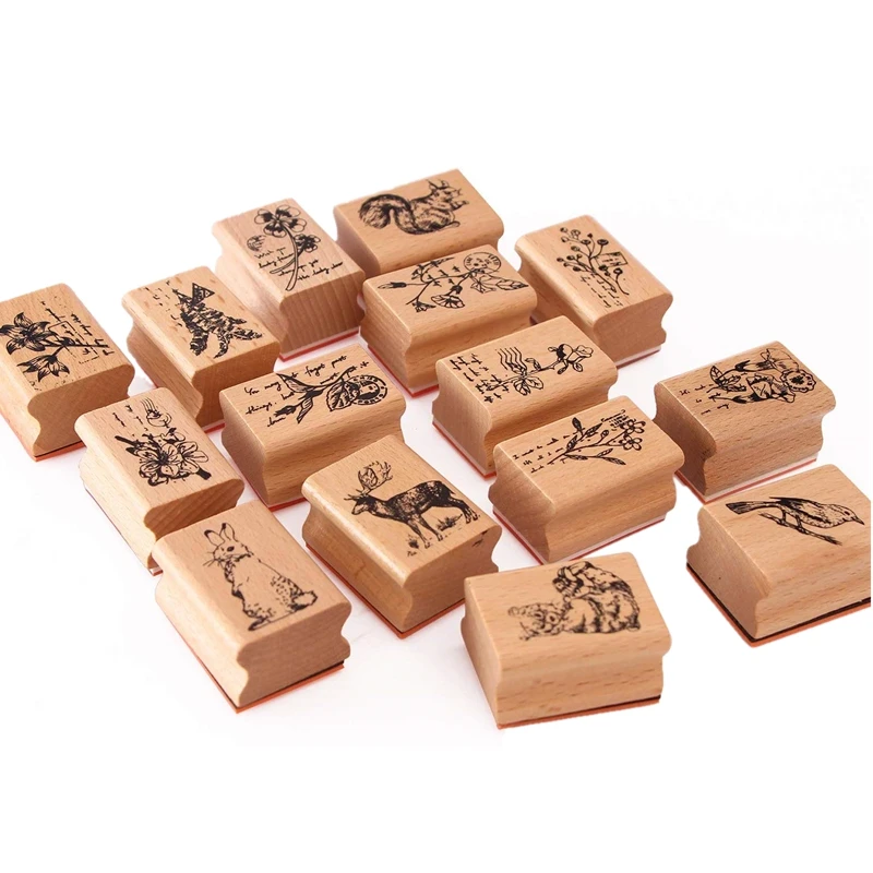 Vintage Stamps Wooden Rubber Stamps With Flower Animal For Letters Diary Craft Scrapbooking