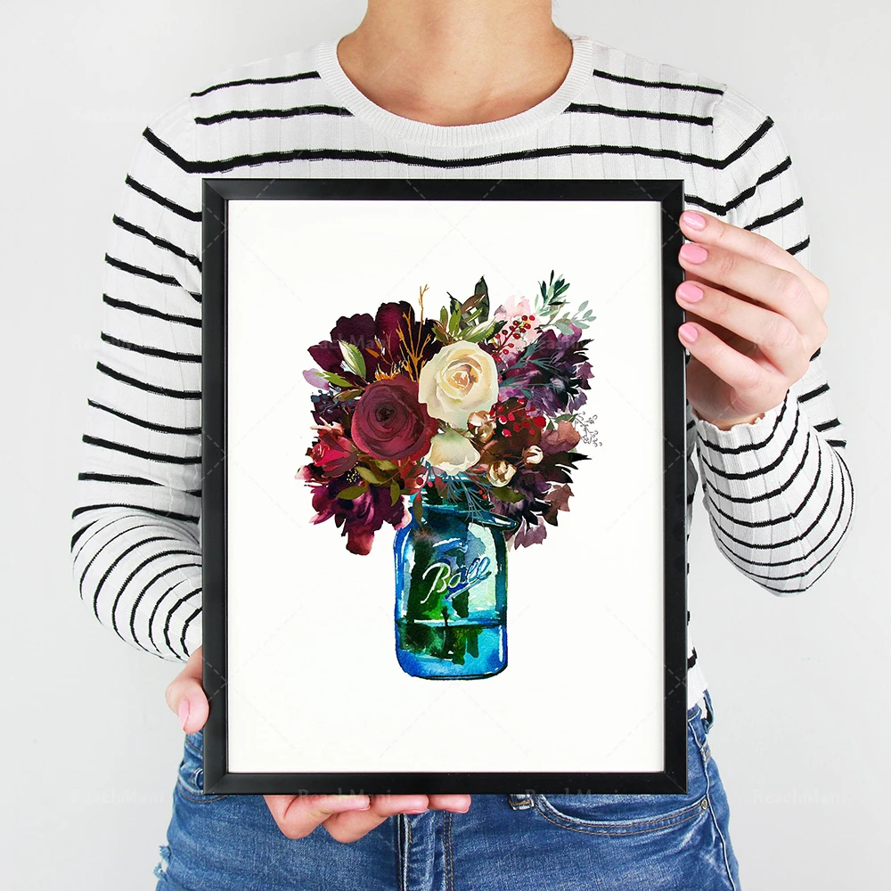 Watercolor flowers bouquet print Mason jar print Mason jars Floral Mason jar painting Still life Flowers Farmhouse canvas wall a