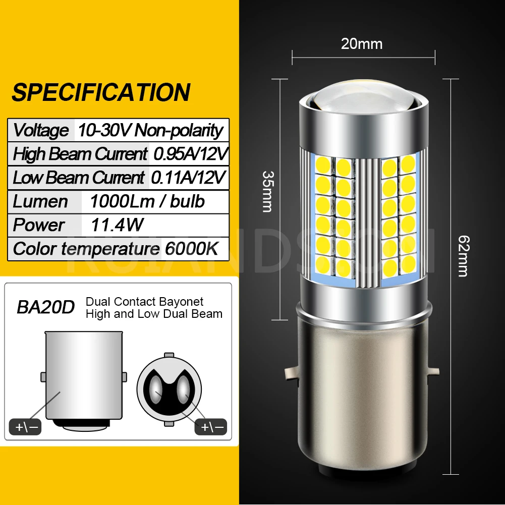 1Pcs BA20D LED Sam\'sung 3030SMD 66LEDS Motorcycle Moped Scooter Motorbike Headlight Lamp Bulb DC 6V 12V 24V 6000K White 1000LM