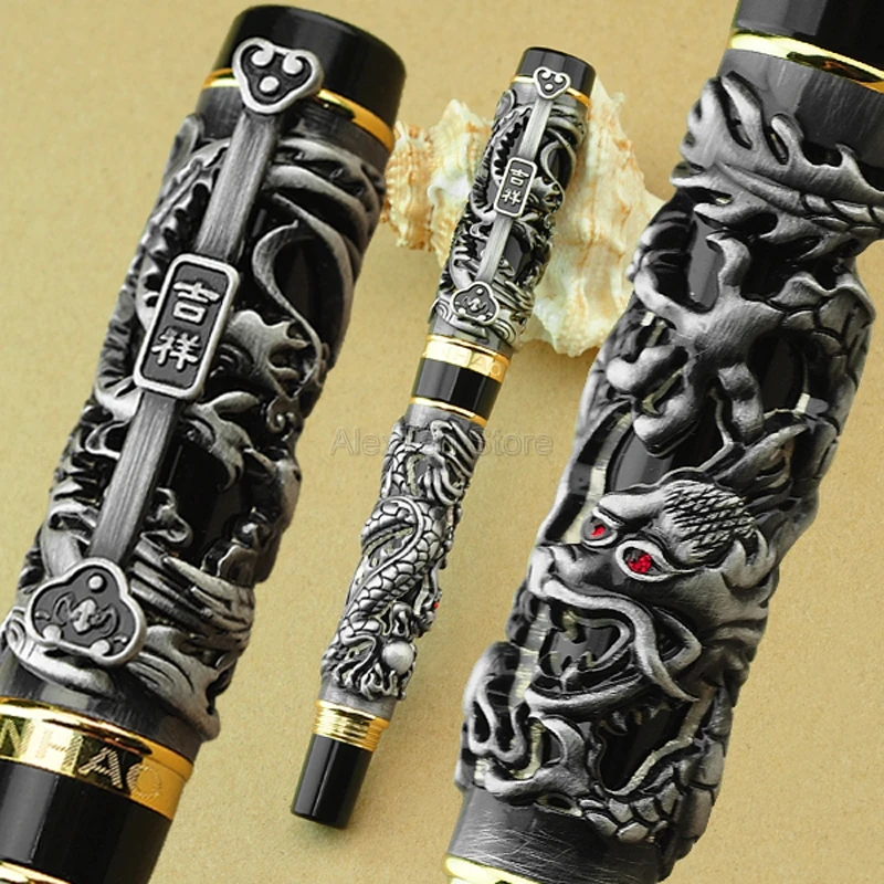 Jinhao Dragon Phoenix Vintage Rollerball Pen, Metal Carving Embossing Heavy Pen, Noble Gray & Black For Office School Writing