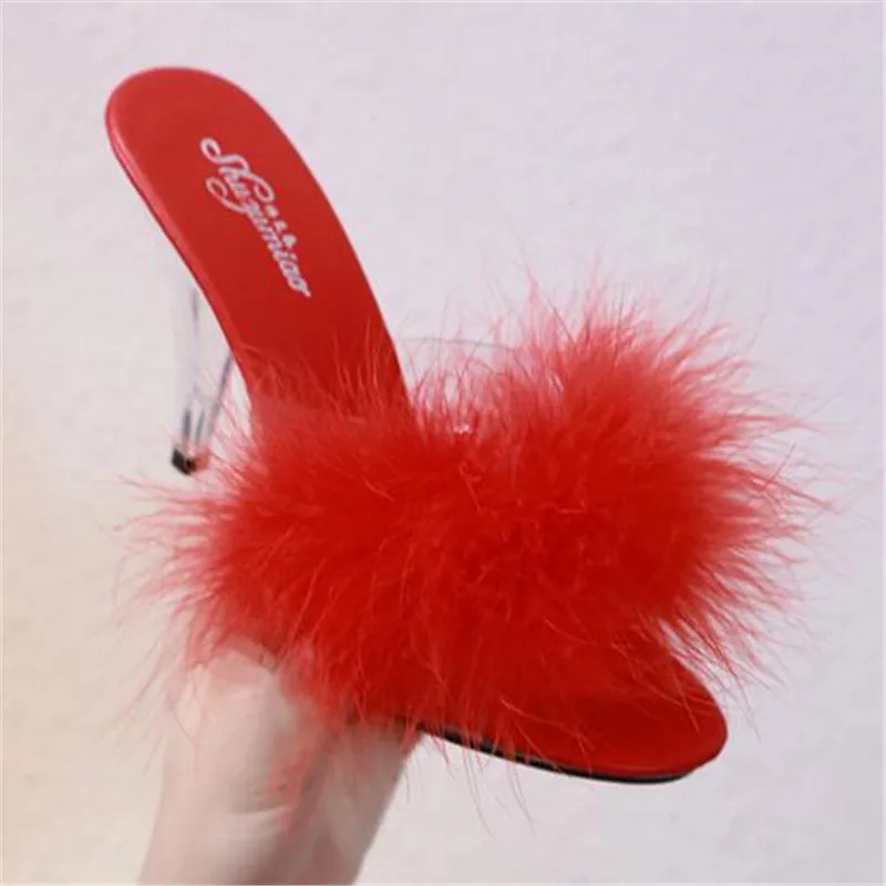 Plus Size 34-44 45 Woman Sexy Slippers Female 7/10CM Feather Party High Heels Shoes Women Summer Fur Transparent Slippers Ladies