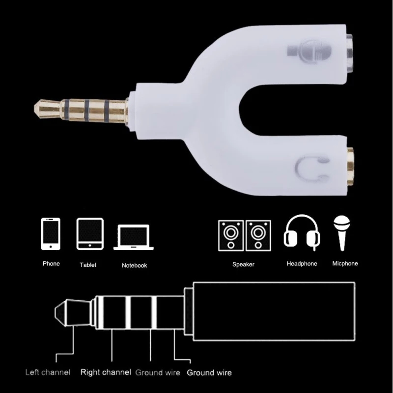 3.5mm Splitter wtyczka Stereo w kształcie litery U stereofoniczny mikrofon Audio i słuchawki Splitter do słuchawek adaptery do smartfona MP3 MP4