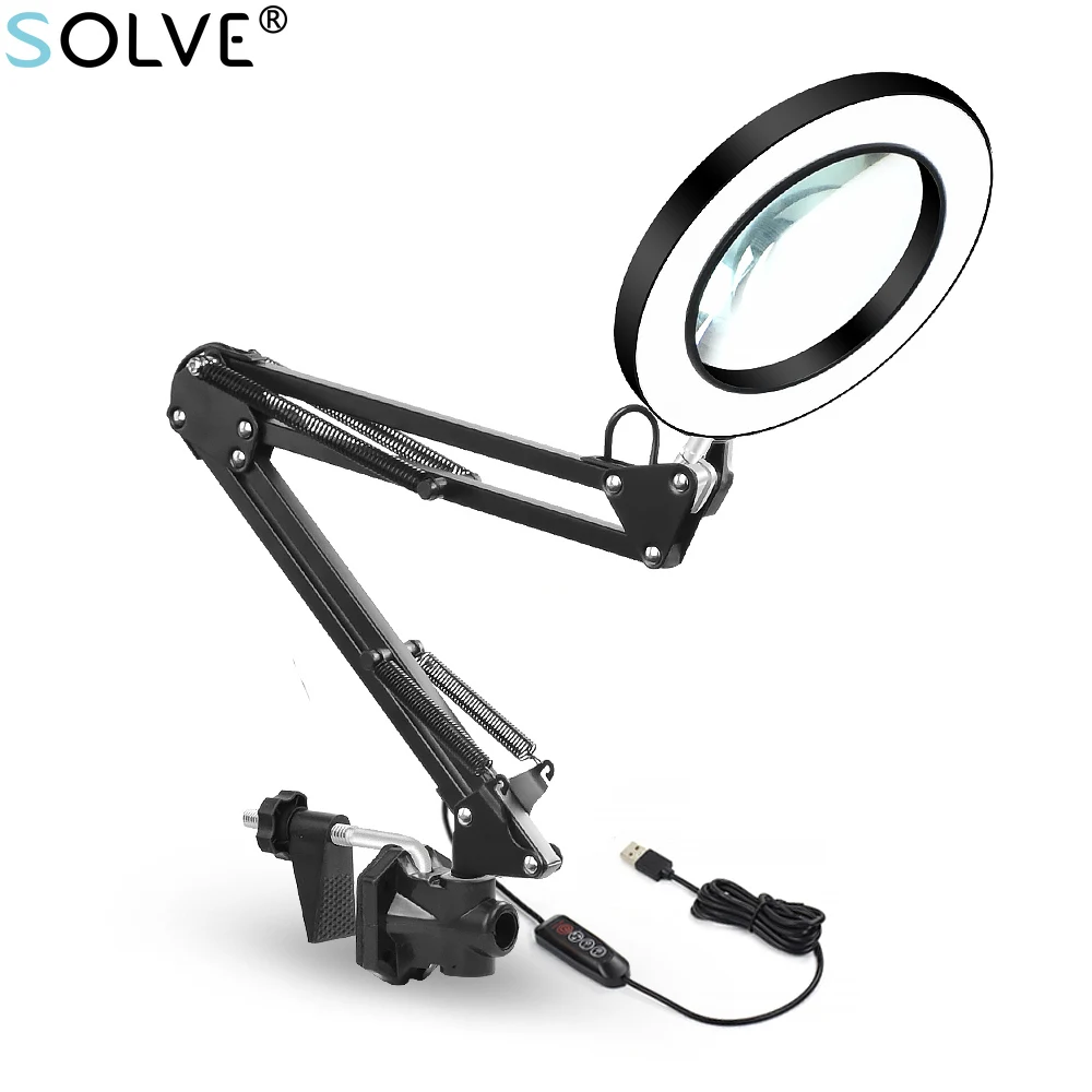 LED Magnifier Reading Lamp 3-color Dimmable 5 Times Magnifying Glass USB Plug Design Fixed Clip Telescopic Arm Can Rotate Lamp