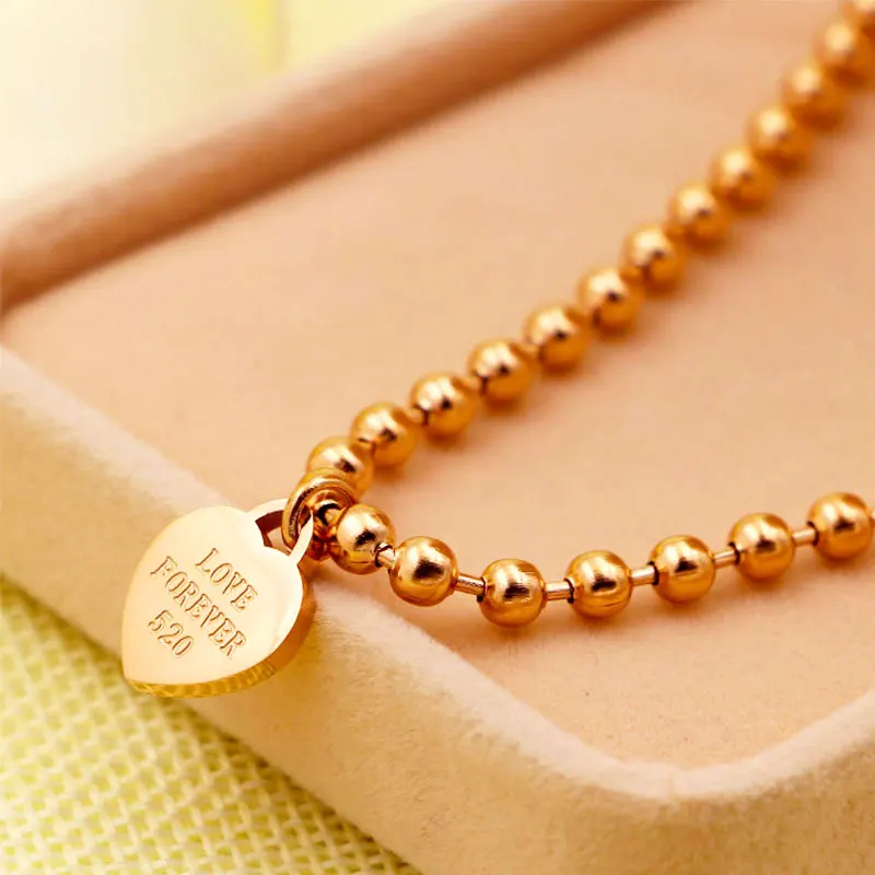 Beaded Chain Engrave Forever Love Heart Charm Anklet For Women Girls Stainless Steel Rose Gold Silver Color Fashion Anklet