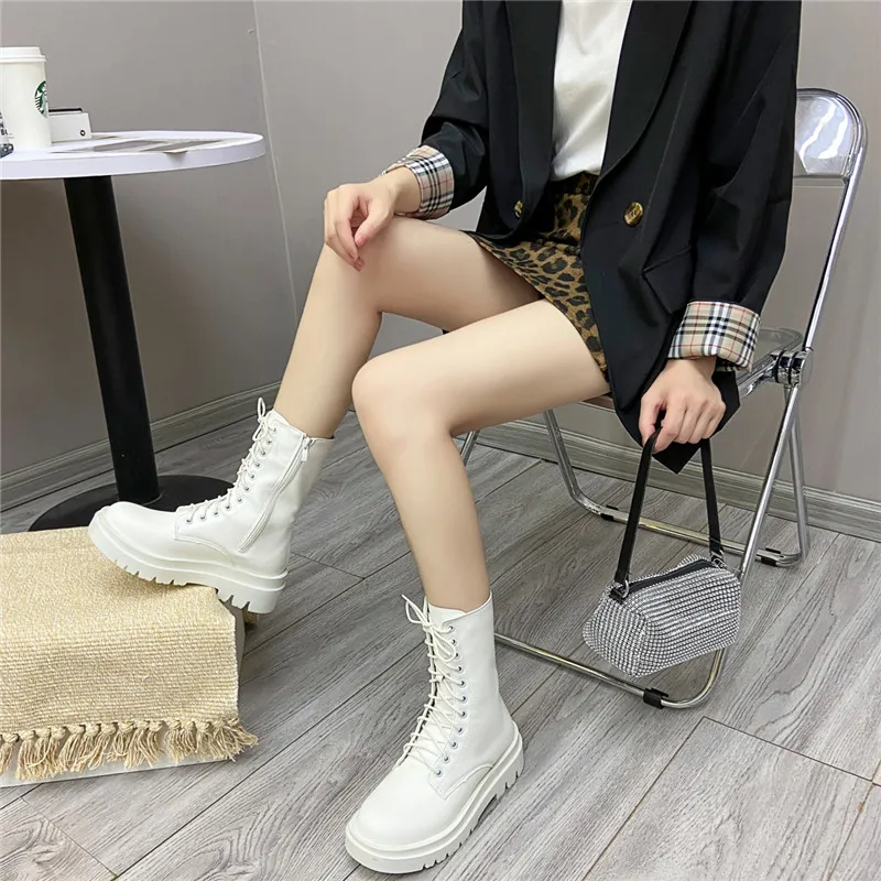 COOTELILI Women Ankle Boots PU Leather 2024 Winter Woman Boots Platform Boots Shoes 5cm Heel Lace UP Zip Plus Size 41 42 43