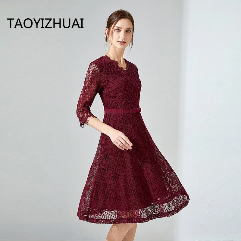 TAOYIZHUAI vintage style midi women lace dress  A line  v neck wine red color flare half sleeves plus size luxury elegant dress