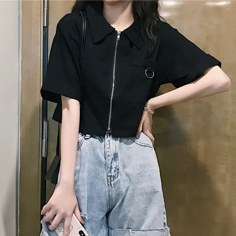 Cropped Casual Shirts Women Zip-up Design Pockets Short Sleeve Blouses Summer All Match Korean Style Mujer Breathable Tops Chic