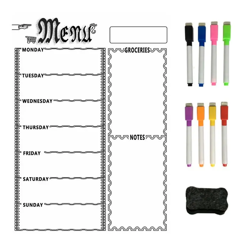 Tableau magnétique réfrigérateur avec 8 couleurs, Menu hebdomadaire, planificateur repas, liste courses, planche pour réfrigérateur cuisine