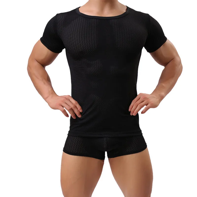 

Sexy Men Mesh Short Sleeve T-shirt Boxer Shorts Slim Fitness Undershirts See Through Gay Erotic Fetish Sex Underwear Suit