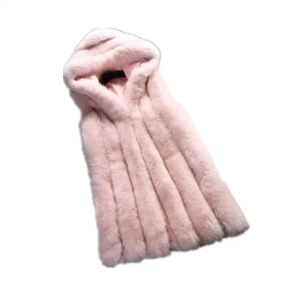 Winter Women Faux Fur Vest With Hooded Woman Faux Fox Fur Coat Long Furs Coat Jacket Female Ladies Overcoat